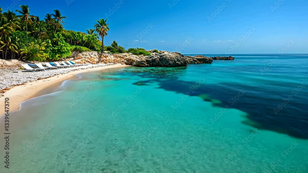 Serene Tropical Beach Paradise: Crystal Clear Waters and Palm Trees Serene Tropical Beach Paradise: Crystal Clear Waters and Palm Trees
