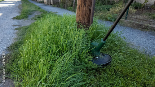 Lawn trimmer cutting tall grass by a utility pole, yard maintenance, summer garden care concept