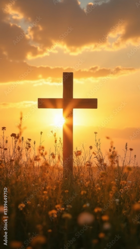Wooden cross is in the middle of a field of yellow flowers. The sun is shining brightly on the cross, creating a warm and peaceful atmosphere Wooden cross is in the middle of a field of yellow flowers. The sun is shining brightly on the cross, creating a warm and peaceful atmosphere