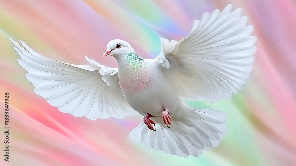 Fototapeta premium White Dove Flying with Wings, Colorful Background, Peace, Hope