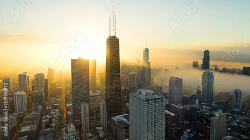 City skyline with a foggy atmosphere. The city is lit up with lights, giving it a warm and inviting feel