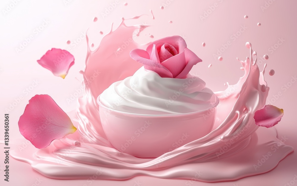Fragrant rose-flavored yogurt splash with edible rose petals, isolated on a delicate pink background Fragrant rose-flavored yogurt splash with edible rose petals, isolated on a delicate pink background