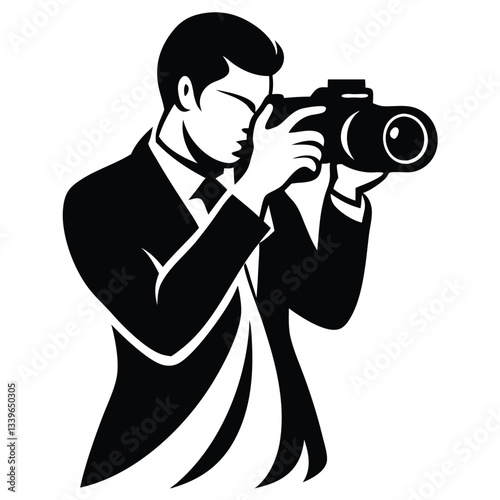 Black and white vector silhouette of a cameraman isolated on white background Man with a camera on white background