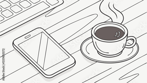Phone and coffee cup on a wooden desk background  