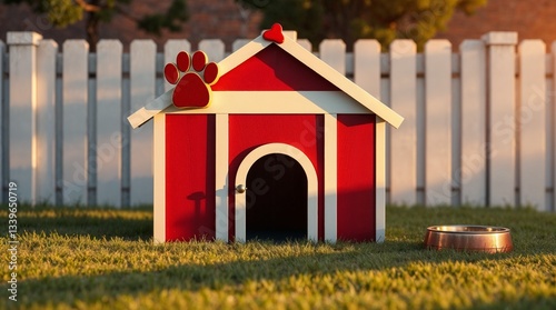 Bright red doghouse with paw print in a well-kept garden