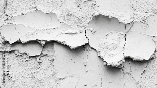 Close up image of damaged white plaster wall surface photo