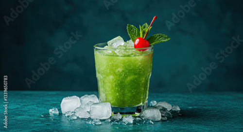 Tropical Mint Cocktail with Crushed Ice and Cherry Garnish in Short Tumbler Glass.
