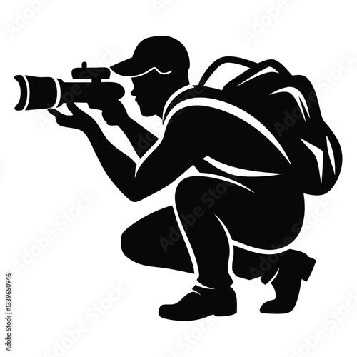 Black and white vector silhouette of a cameraman isolated on white background Man with a camera on white background