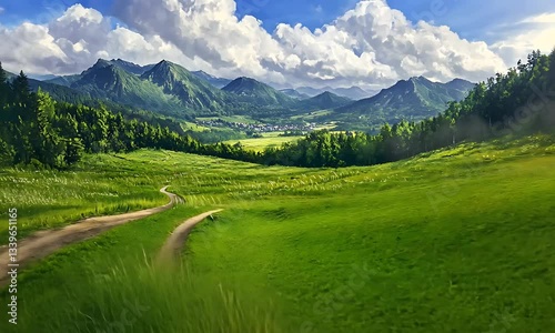Wallpaper Mural Serene landscape with winding path through lush green fields and majestic mountains under a bright sky Torontodigital.ca