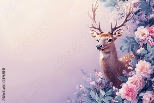 Easter Background, Easter Banner, Elegant Deer in a Floral Garden Soft Pastel Roses and Delicate Blooms