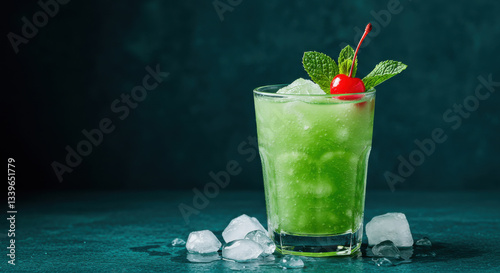 Green Mint Cocktail with Crushed Ice and Cherry in Tall Tumbler Glass.