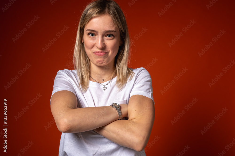 Obraz premium Confident young woman with crossed arms and playful smile expressing emotion, stress and confidence, looking to the side. Bold facial expression, strong personality and assertive body language