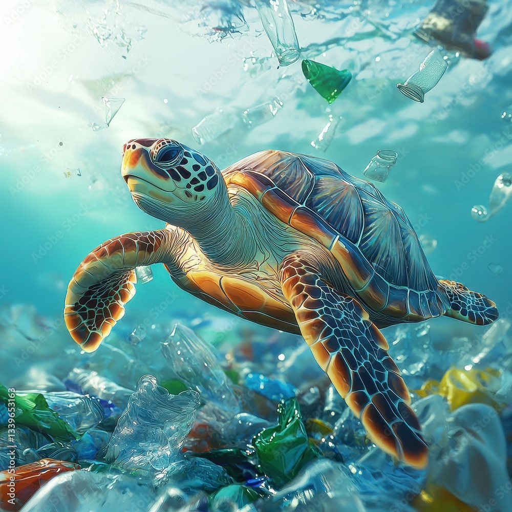 Obraz premium Lonely turtle caught in plastic waste, struggling to move
