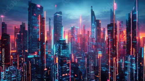 Cityscape with neon lights and a sunset in the background. The city is illuminated with bright lights, creating a vibrant and energetic atmosphere. The colors of the lights