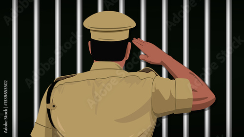 Fotografija Indian policeman Salute vector, Police back view placed prominently against a jail background, symbolizing law enforcement and incarceration