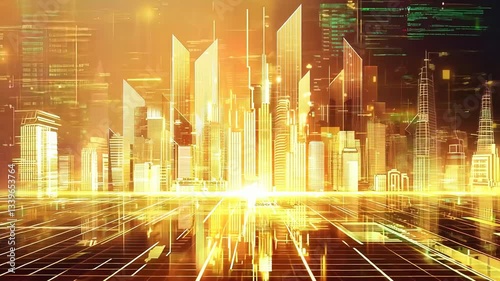 Cityscape with tall buildings and a bright orange sky. The buildings are reflected in the water, creating a sense of depth and movement. Scene is one of energy and excitement