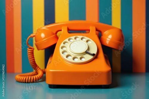 Classic bakelite telephone against striped wall , photo, texture, object