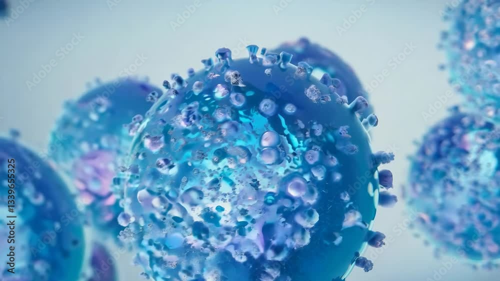 Close up of a cell with a blue and purple hue. The cell is surrounded by a blue background Close up of a cell with a blue and purple hue. The cell is surrounded by a blue background