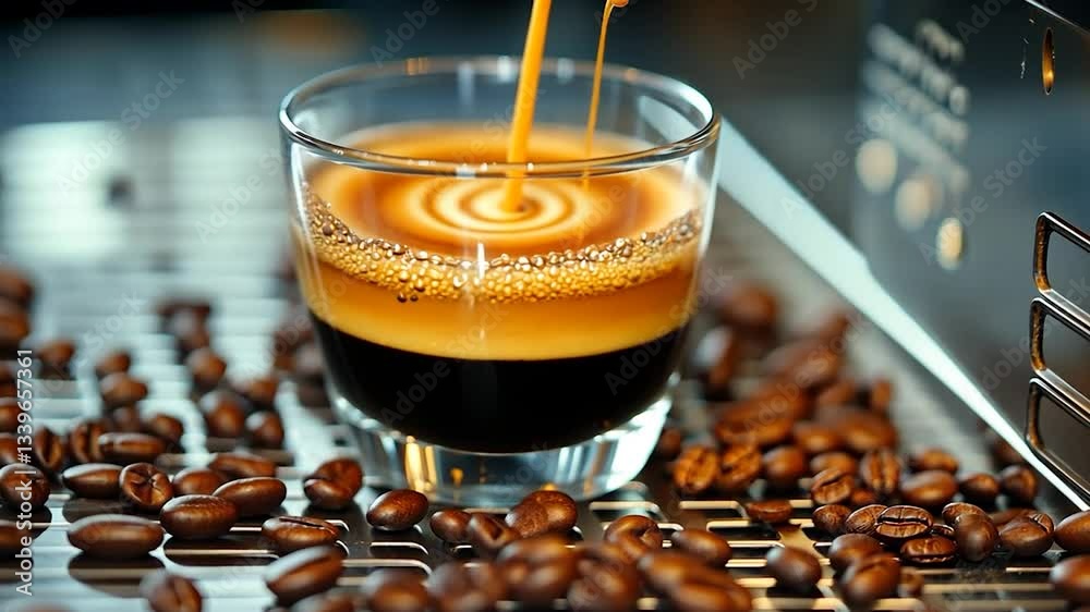 Freshly brewed espresso pouring into a glass cup with coffee beans