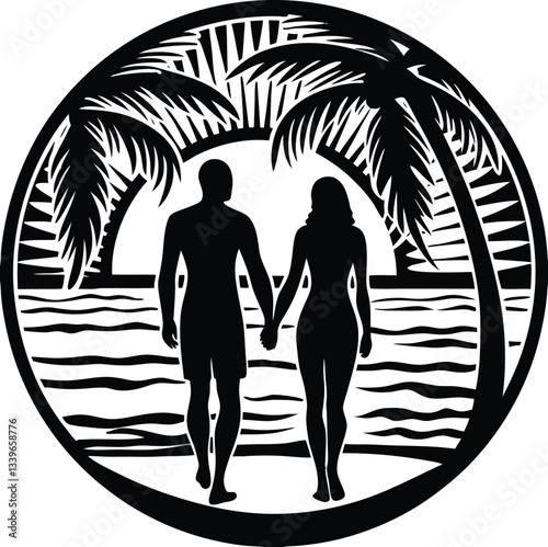 a romantic black-and-white silhouette of a couple holding hands, walking toward an ocean sunset. Framed by two palm trees, it exudes tropical serenity, love, and an idyllic vibe.