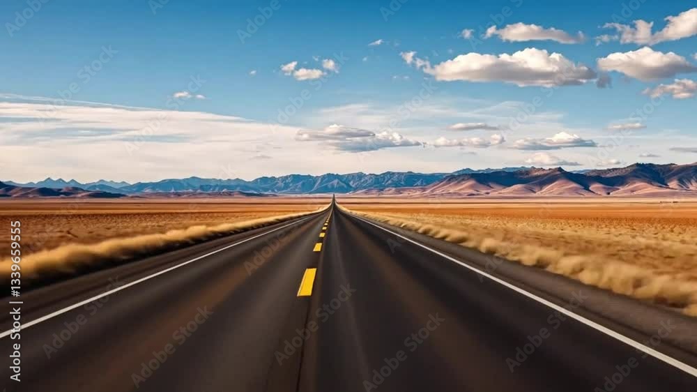 A long empty road stretches across a desert landscape. The sky is clear, cloudy and blue