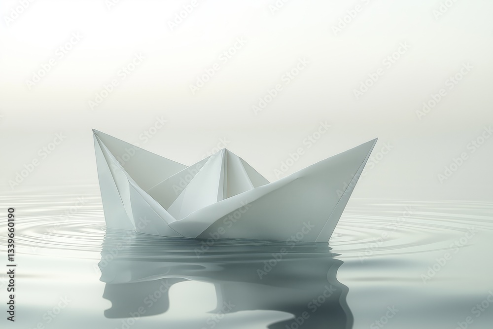 Obraz premium White origami boat floating on calm water with soft reflections and tranquility