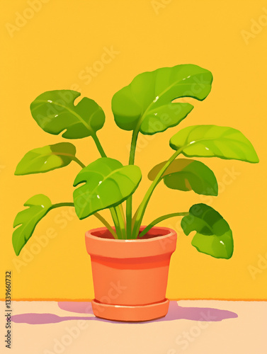 Vibrant Green Plant in Terracotta Pot Against Yellow Background