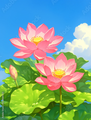 Vibrant Lotus Flowers Blooming Under Blue Sky