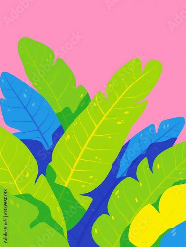 Colorful Tropical Leaves on Pink Background