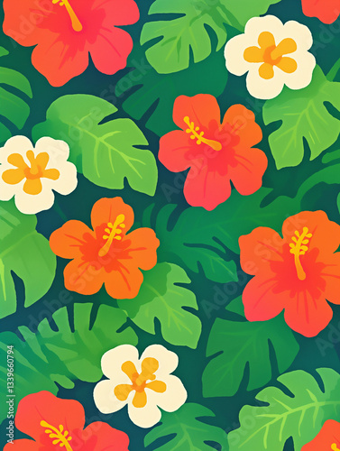 Tropical Hibiscus and Leaves Pattern