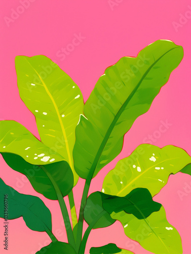 Vibrant Green Leaves on Pink Background