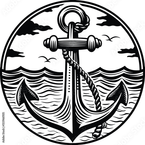 a classic black-and-white anchor illustration, complete with a chain, set against a backdrop of waves, distant hills, and flying birds, all enclosed in a circular, nautical-themed design
