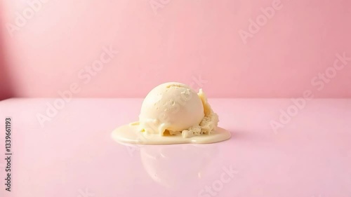 Melting vanilla ice cream scoop on a pink background delicious summer dessert treat