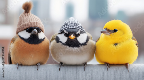 Stylish Birds in Beanies on Winter Day