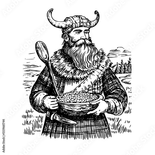 Viking holding a bowl of grain in a vintage engraved illustration showcasing Norse culture