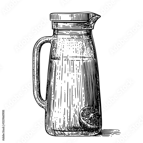 Elegant etched illustration of a vintage pitcher with a slice of lemon displayed artistically