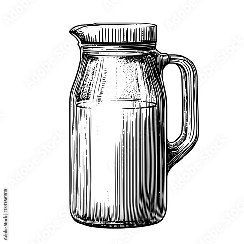 Vintage engraved illustration of a glass pitcher filled with a creamy beverage showcasing intricate hand-drawn details