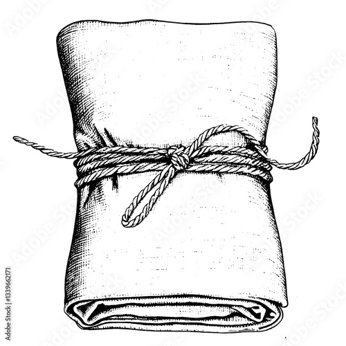 Intricate engraved illustration of a hand-drawn vintage wrapped cloth with decorative knot detail showcasing timeless craftsmanship
