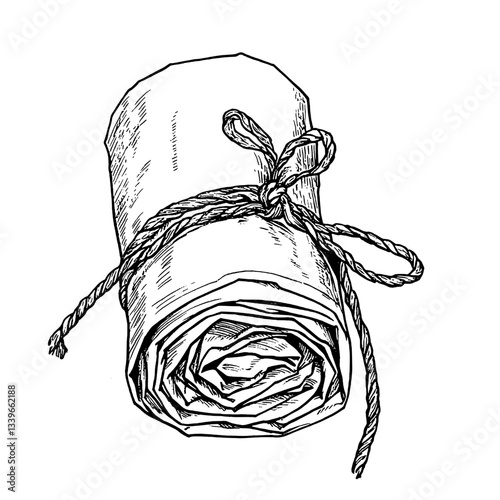 Intricate hand-drawn illustration of a vintage engraved scroll tied with twine, embodying classic artistry and craftsmanship