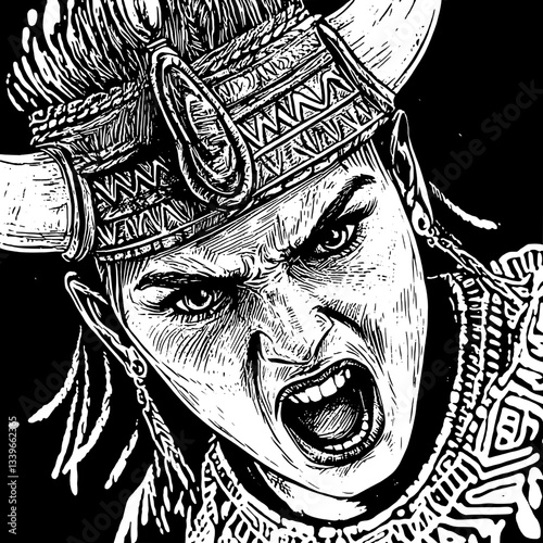 Engraved illustration of an intense warrior shouting passionately, showcasing intricate vintage design elements