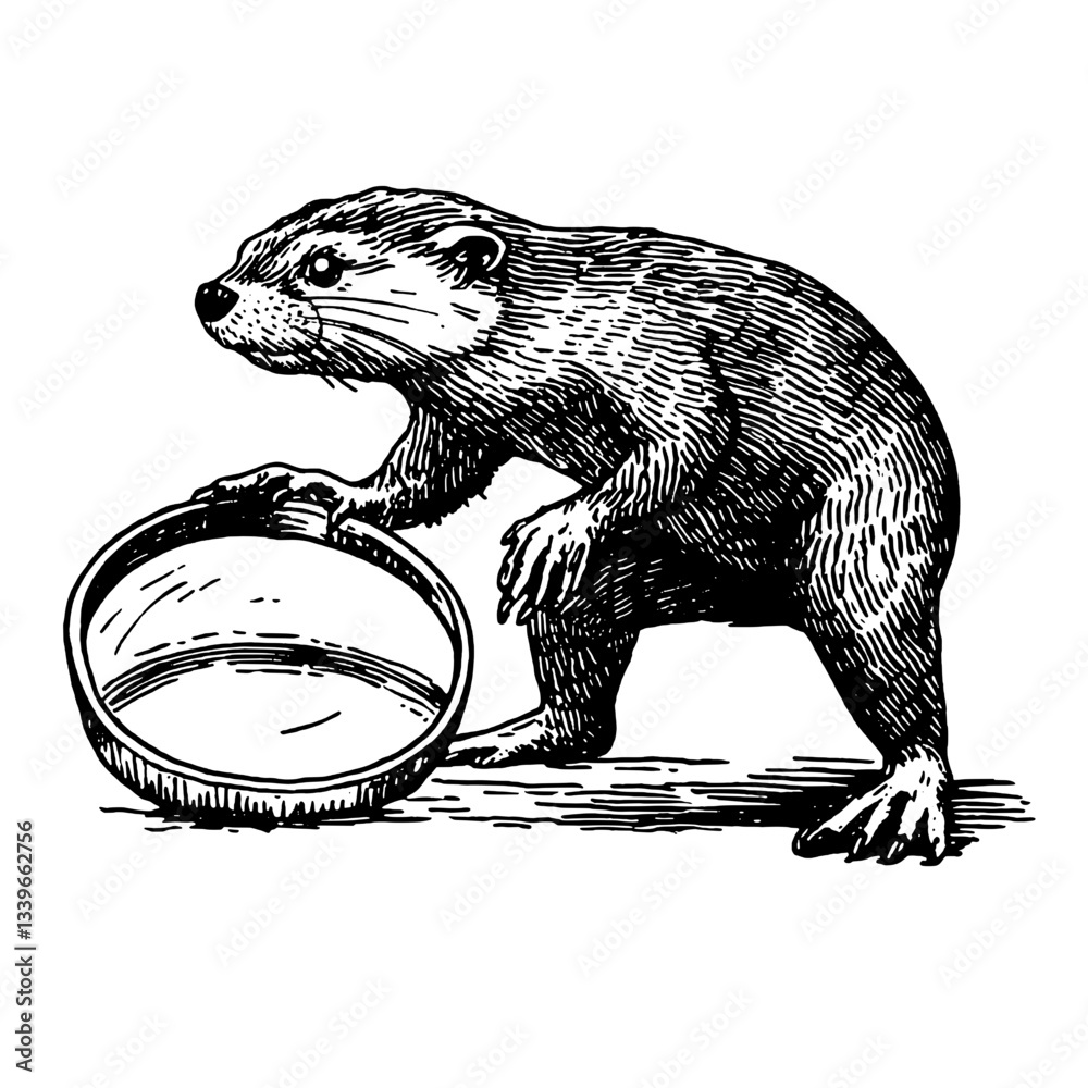 Obraz premium Otter with a transparent bowl crafted in vintage engraving style showing playful design elements