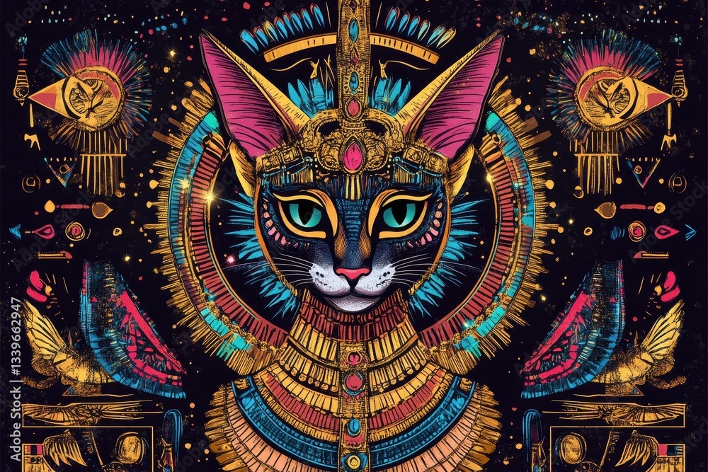 Fototapeta premium A Colorful Illustrated Portrait of a Regal Egyptian Cat