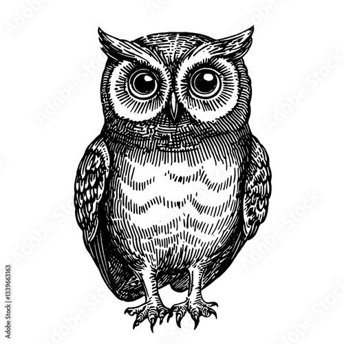 Engraved vintage illustration of a wise owl showcasing intricate details and artistic charm in classic black and white