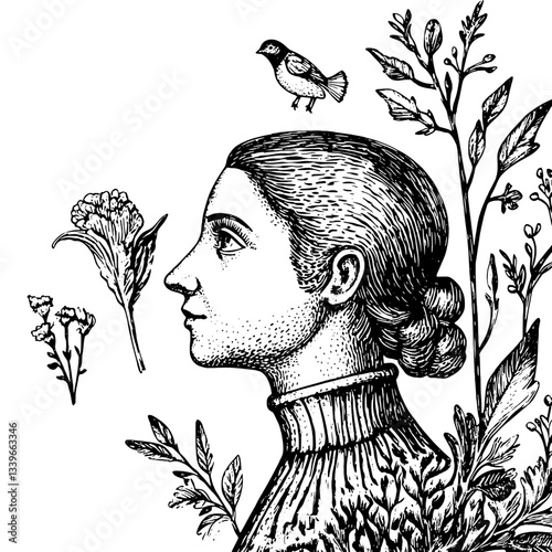 Intricate hand-drawn engraving combining nature and portraiture with delicate floral designs and a melodic bird in serene harmony