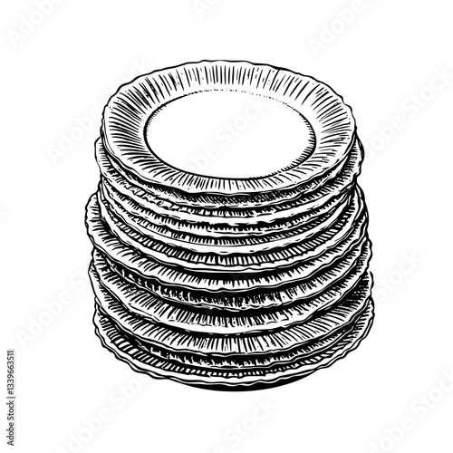 Unique vintage engraved illustration of stacked plates ideal for home decor or tattoo design