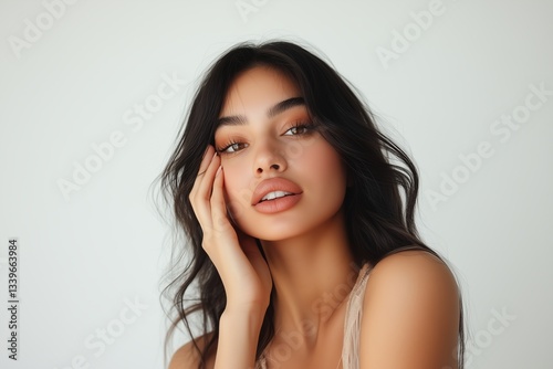 A beautiful woman touching her face with perfect skin, against a white background.