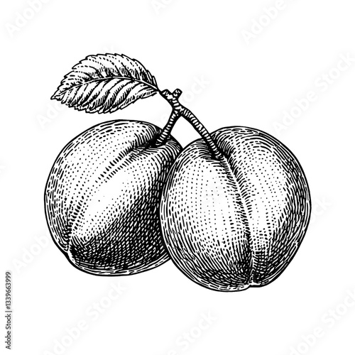 Intricate engraved illustration of two delightful apricots with detailed shading and natural leaves