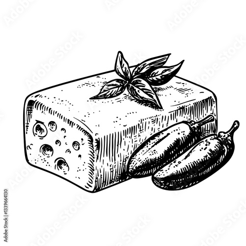 Engraved illustration showcasing a block of cheese accompanied by jalapenos and fresh basil in a vintage hand-drawn style