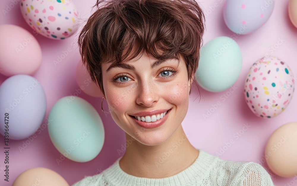 Smiling woman with short, stylish hair and a confident expression, set against a pastel-colored Easter background Smiling woman with short, stylish hair and a confident expression, set against a pastel-colored Easter background