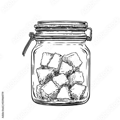 Classic vintage engraving of a glass jar filled with sugar cubes, showcasing timeless design and exquisite hand-drawn details